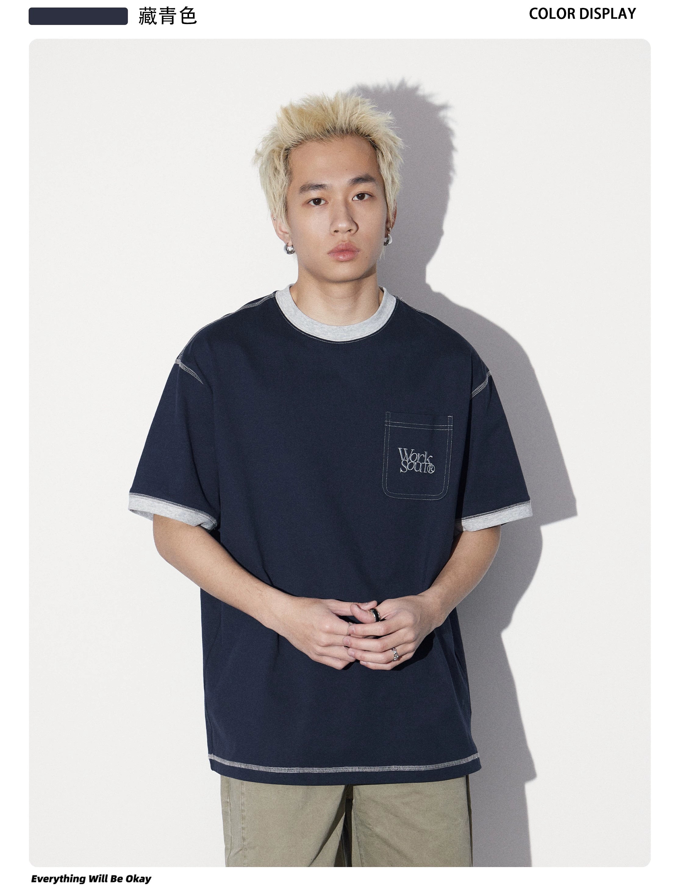 NICEBAD Contrast Color Loose Loose Loose Mouth Pocket Tee