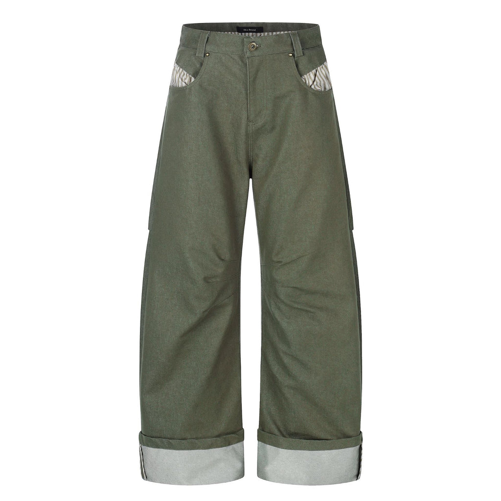 11KN Retro Loose Contrasting Color Flanged Wide-leg Pants