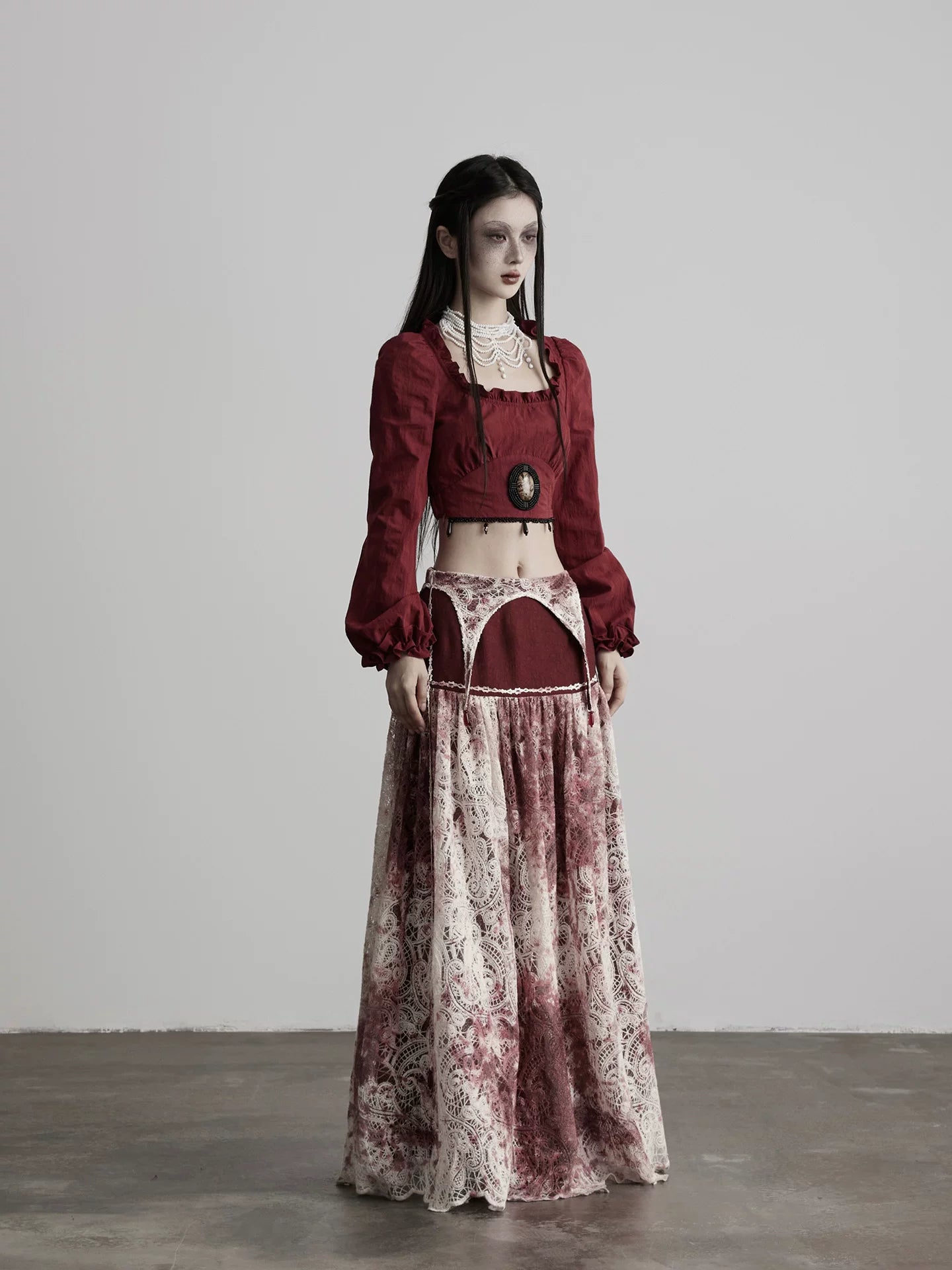 INDULGE Vintage Lace Square Neck Waist Open Navel Long Sleeve