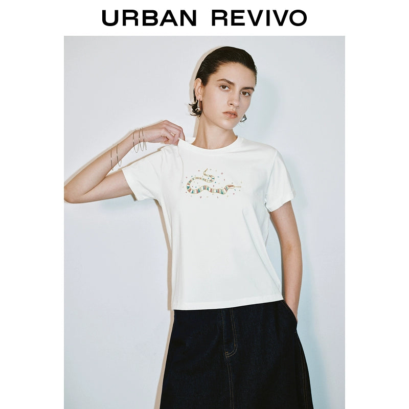 URBAN REVIVO Fun Casual Embroidery Curled Short Sleeve Tee