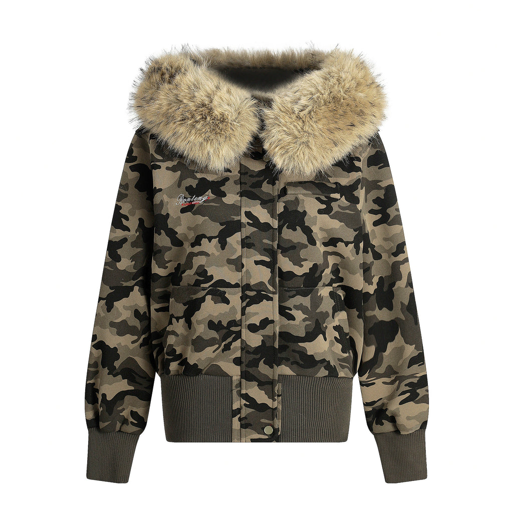 NOMANIAI Hairy Hooded Camouflage Short Jacket