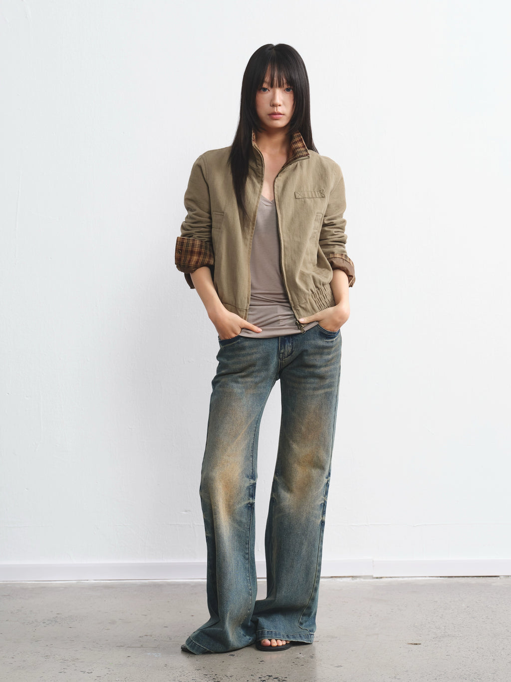 LINY LIBERTY  Vintage Plaid Lapel Flight Jacket