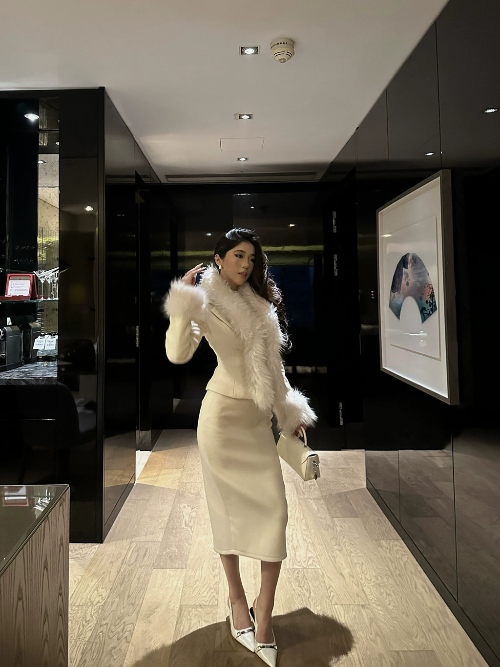 LLROGE Temperament Fur Collar Waist Woolen Jacket Skirt Set