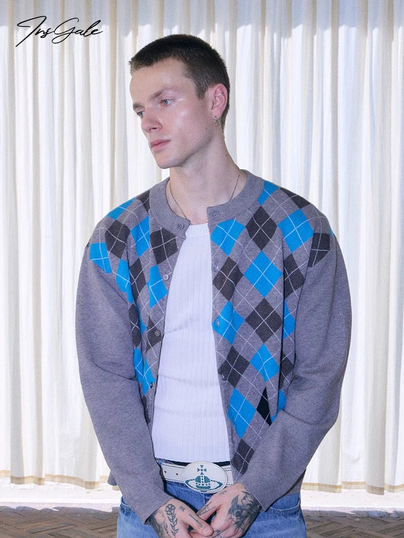 InsGale Vintage Rhombus Knitted Cardigan Sweater