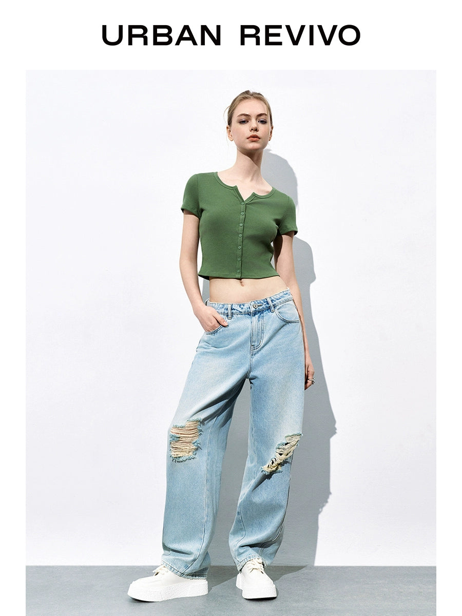 URBAN REVIVO Simple Versatile Button Slim Tee