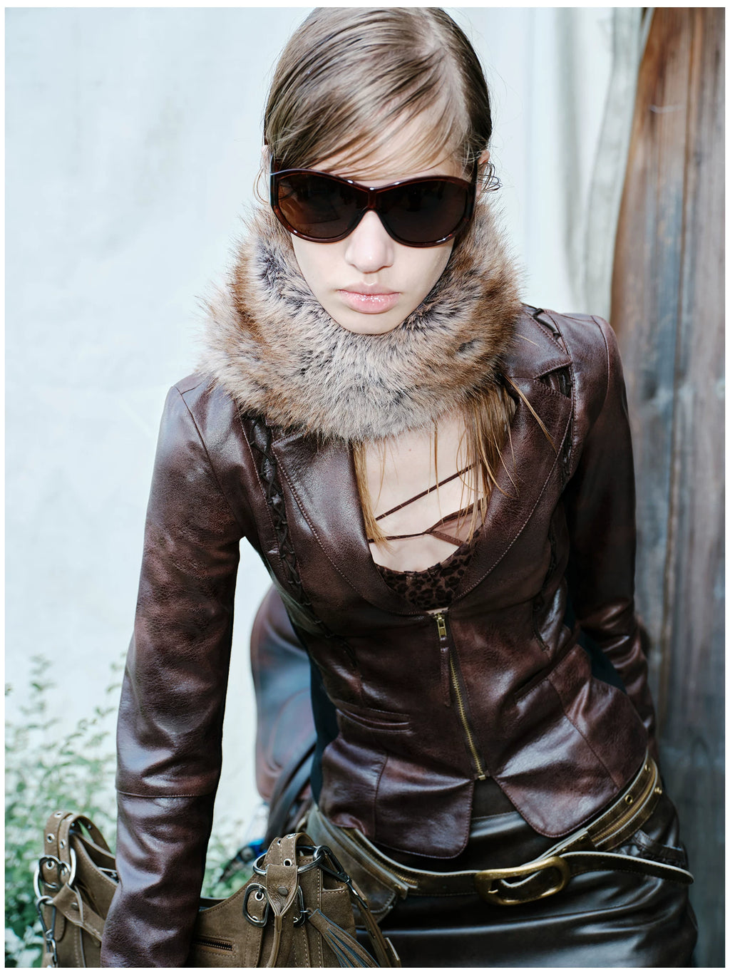 2th Desire Removable Hair Collar Polka Dot Leopard Print Splicing Leather Skirt Set