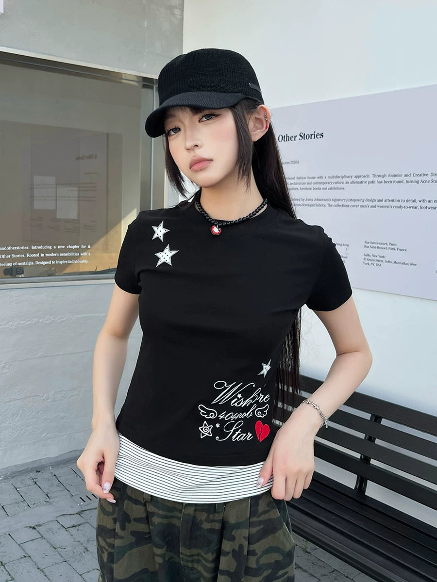 404MOB Crew Neck Striped Embroidered Slim Tee