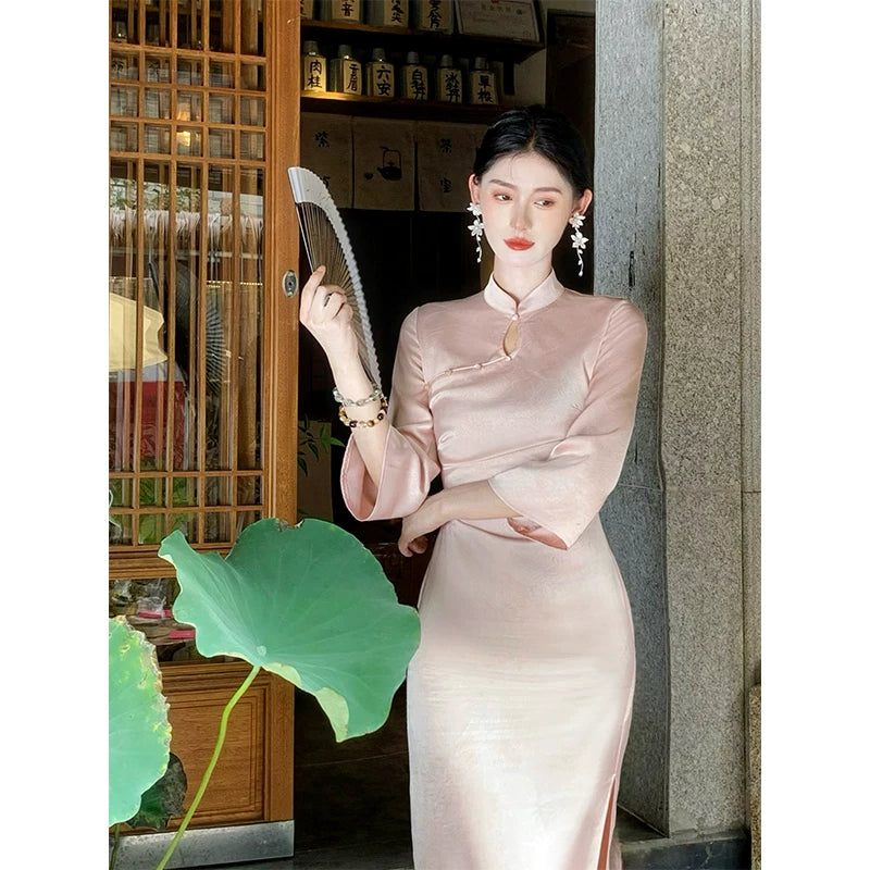 ZIHE Satin Butterfly Print Long Sleeve Dress
