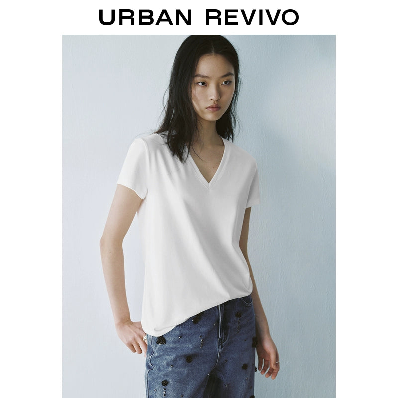 URBAN REVIVO Sports Versatile V-Neck Short Sleeve Tee