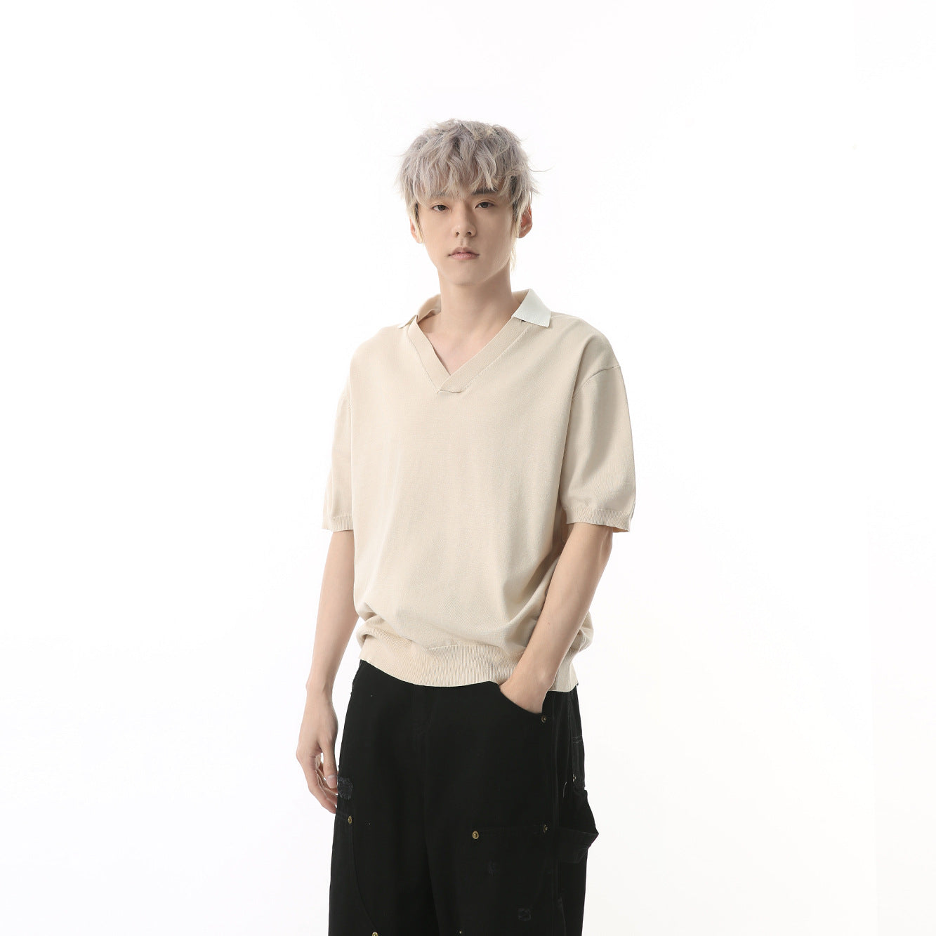 MTLCLOTHES Simple V-neck Knitted Polo Shirt