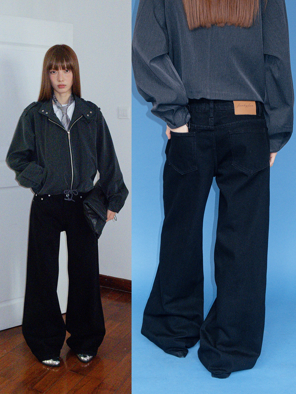 FUNKYFUN Versatile Thickened Straight Loose Twill Rivet Jeans