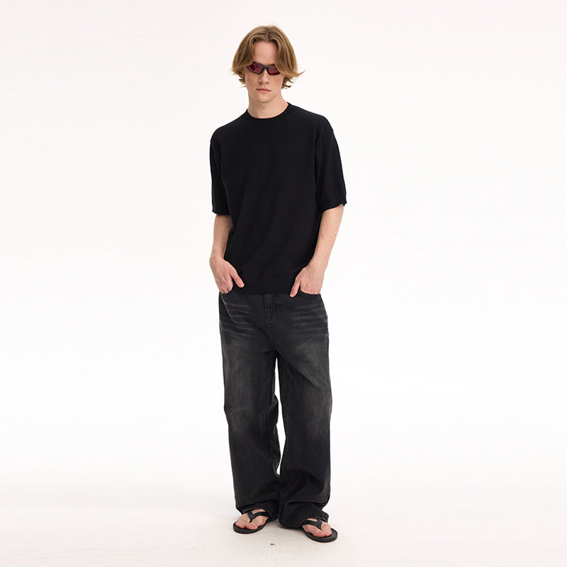 (Clearance) UNF 13.5oz Blockbuster Washed Old Cat Whiskers Baggy Bull Wide Leg Black Jeans