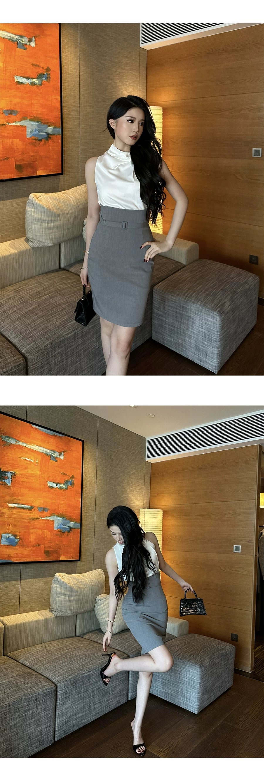 LLROGE Neck Satin Shirt High Waist Skirt Set