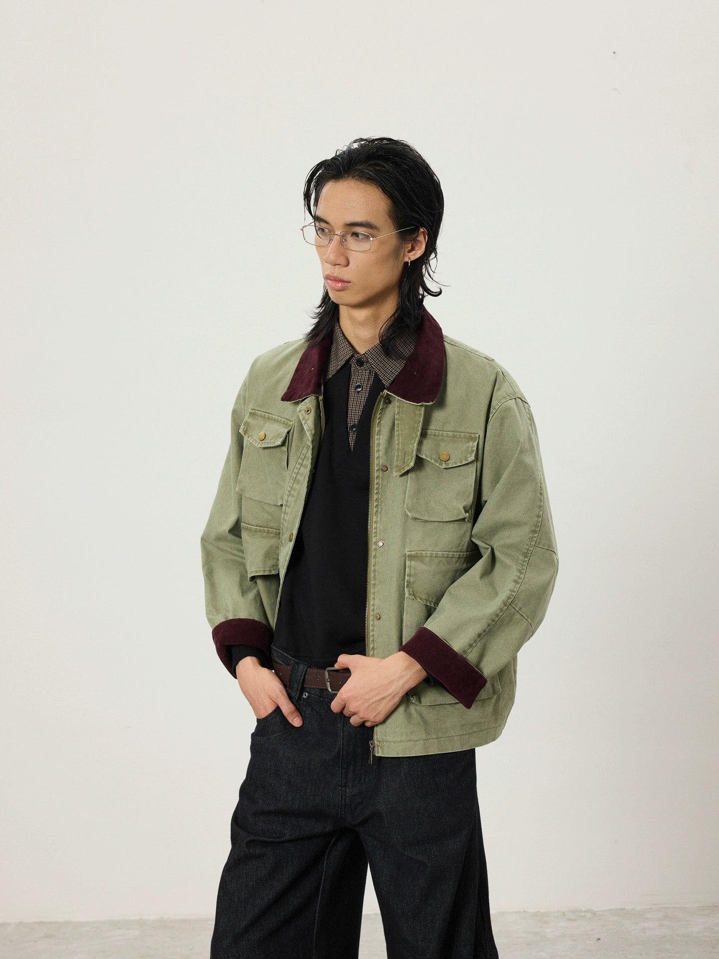 BTSG Vintage Contrasting Stitched Corduroy Collar Tooling Jacket