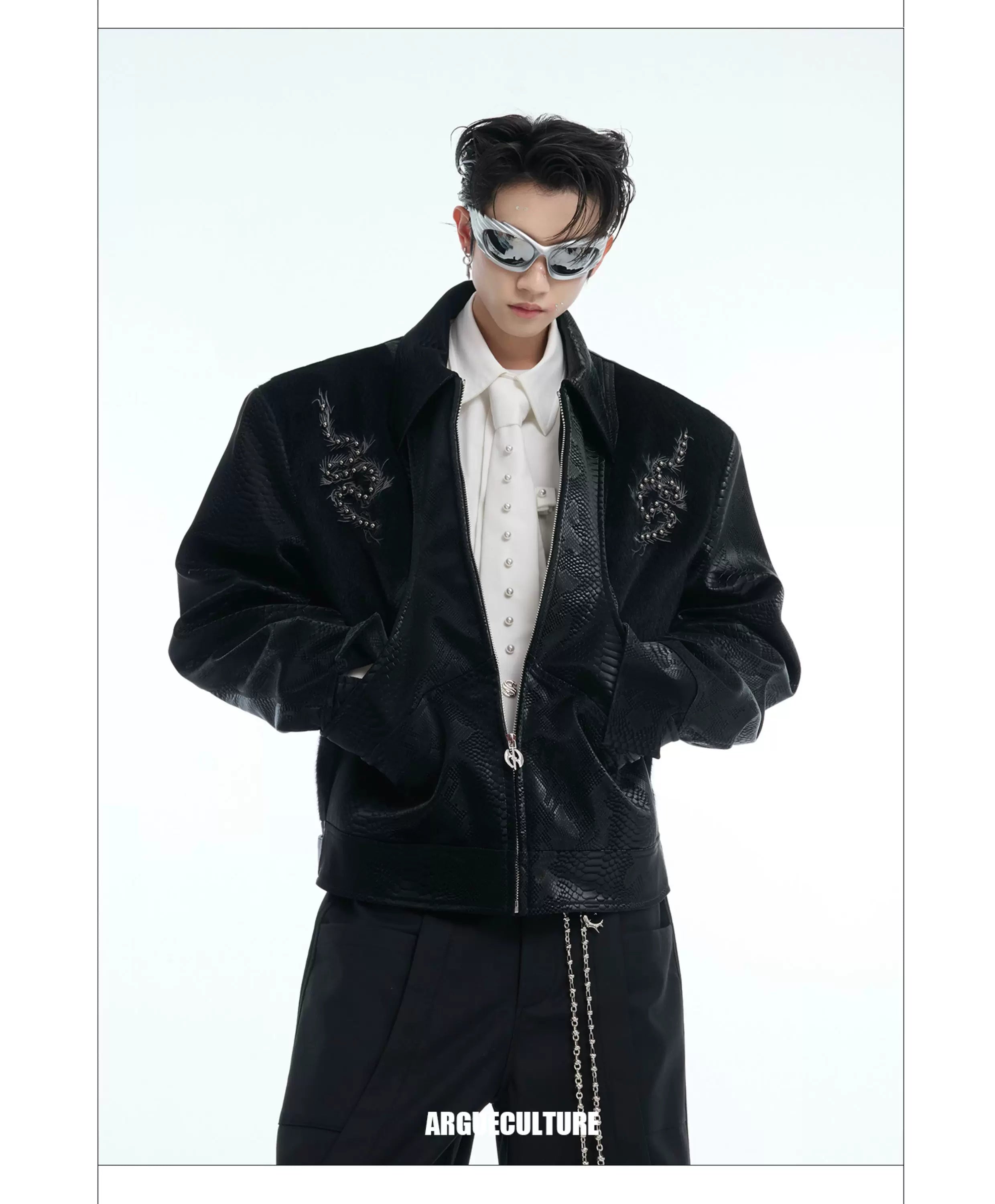 ArguECulturE Snakeskin Stitching Embroidered Slim-fit Leather Jacket