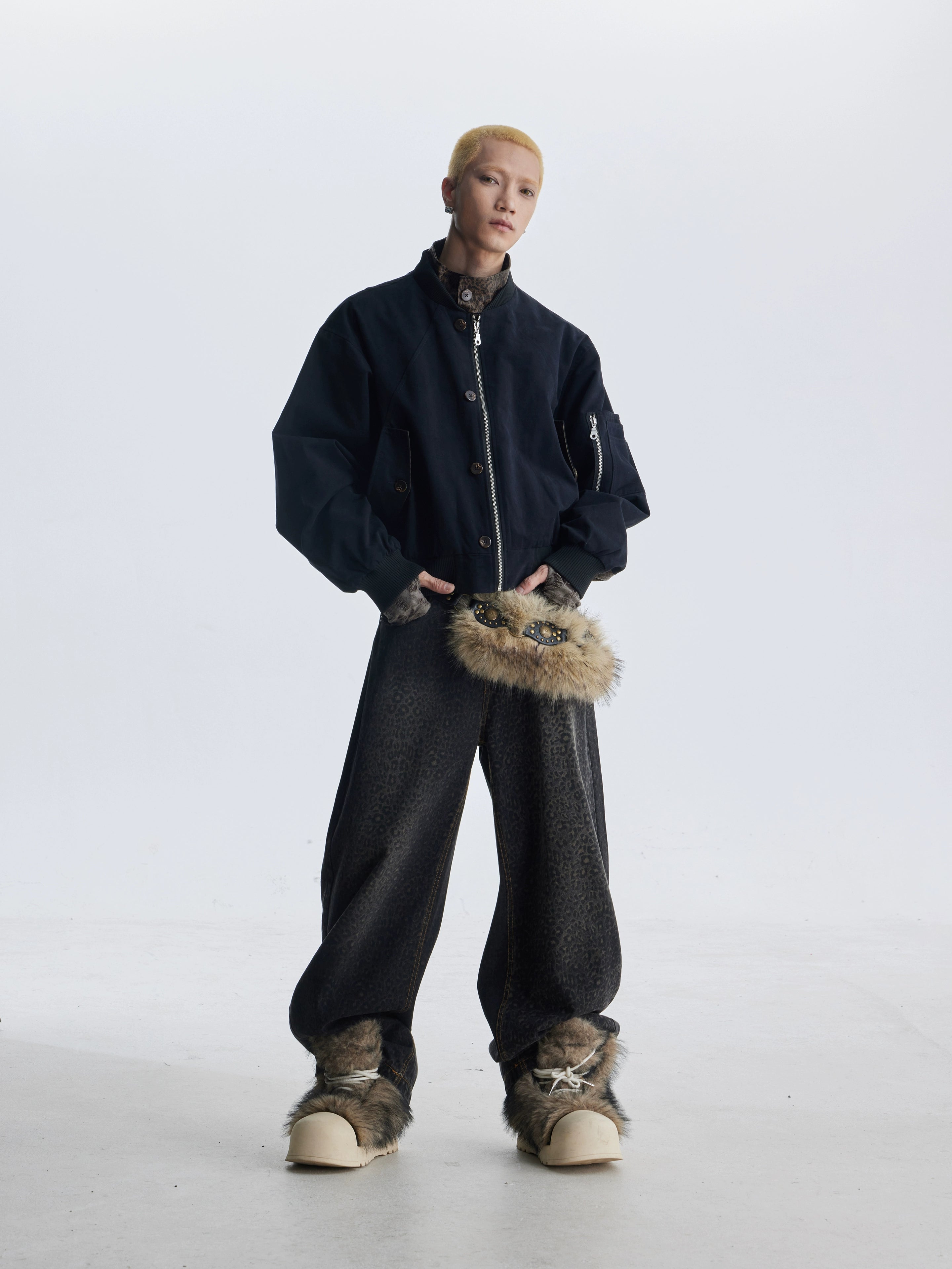 NOMANIAI Leopard Print Leather Fake Two-piece Zipper Baseball Collar Zipper Jacket