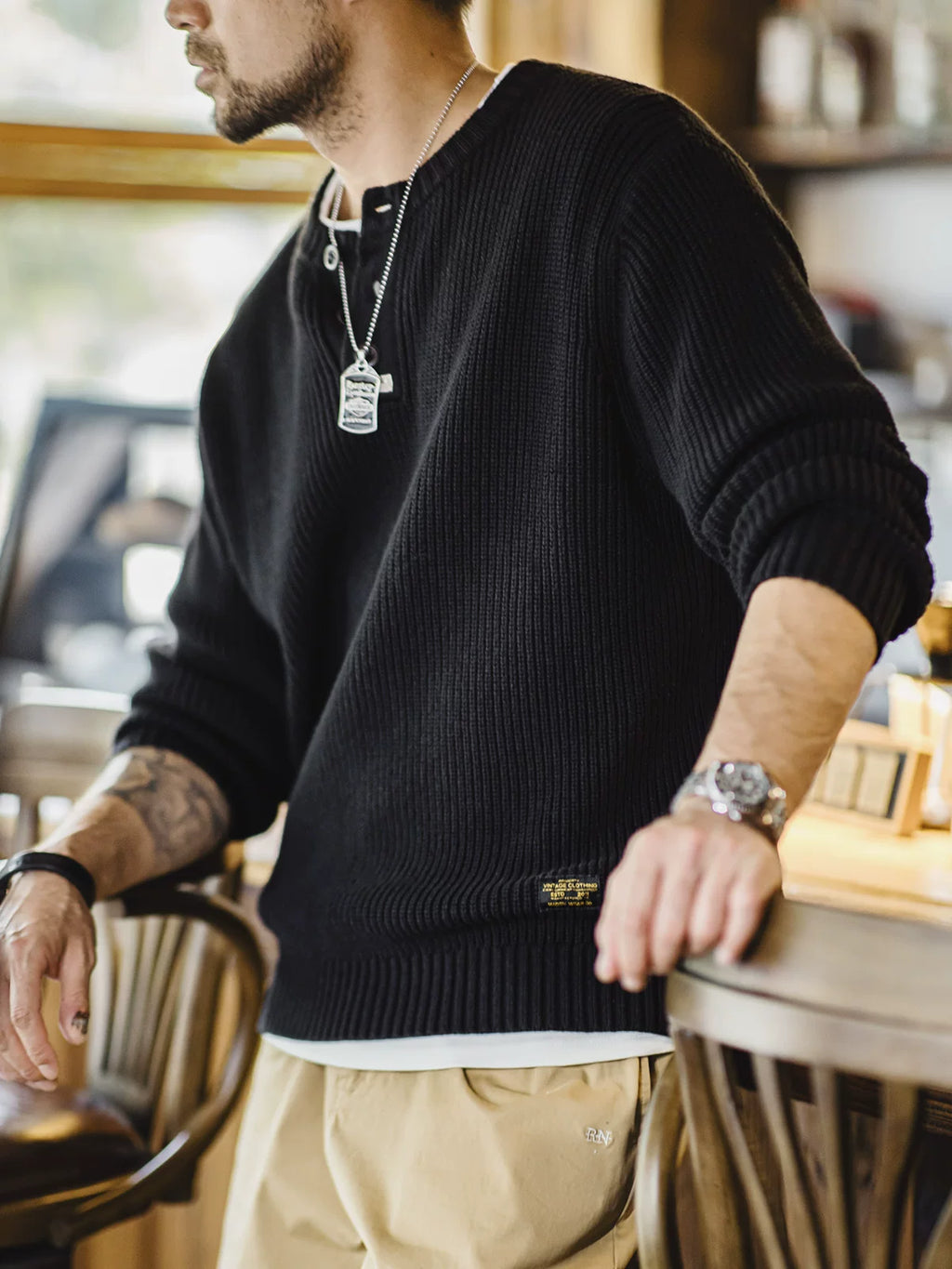 Madden Vintage Vertical Striped Henry Neck Sweater