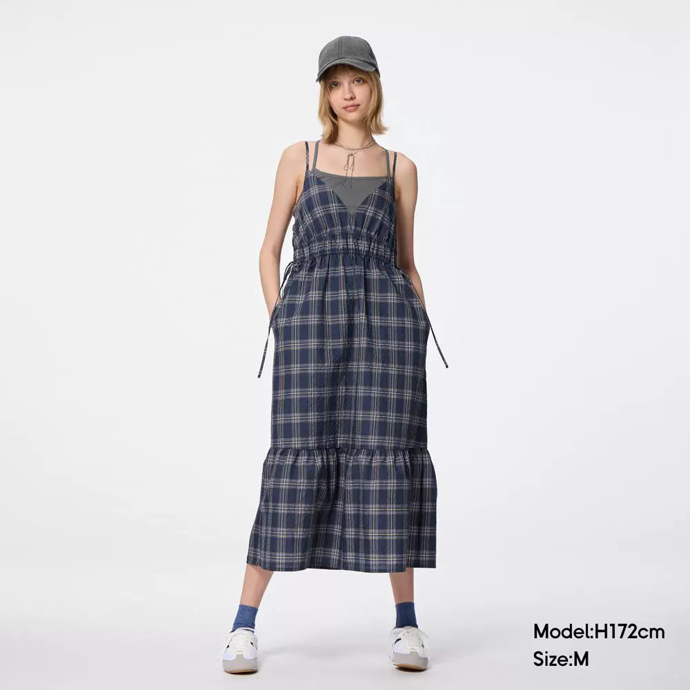 GU Plaid Suspender Dress V-neck Bow