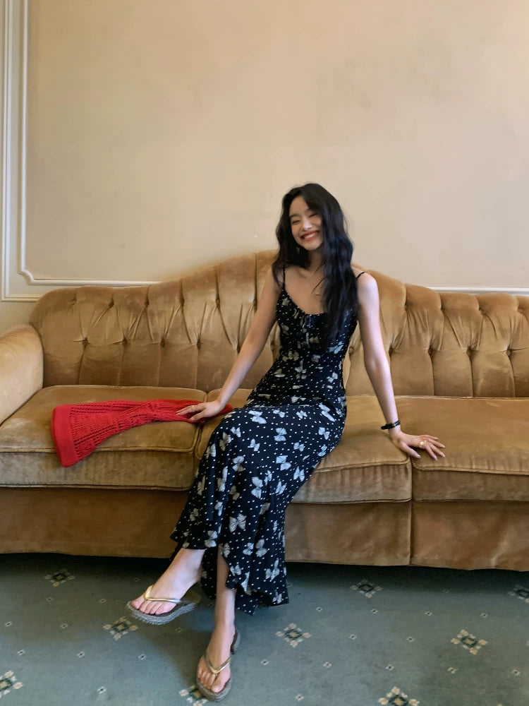 Pusumede Butterfly Print Suspender Dress