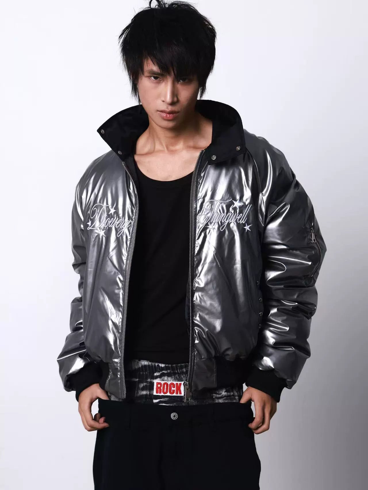 DETW Pleated Short Stand-up Collar Rivet Embroidered Down Cotton Suit