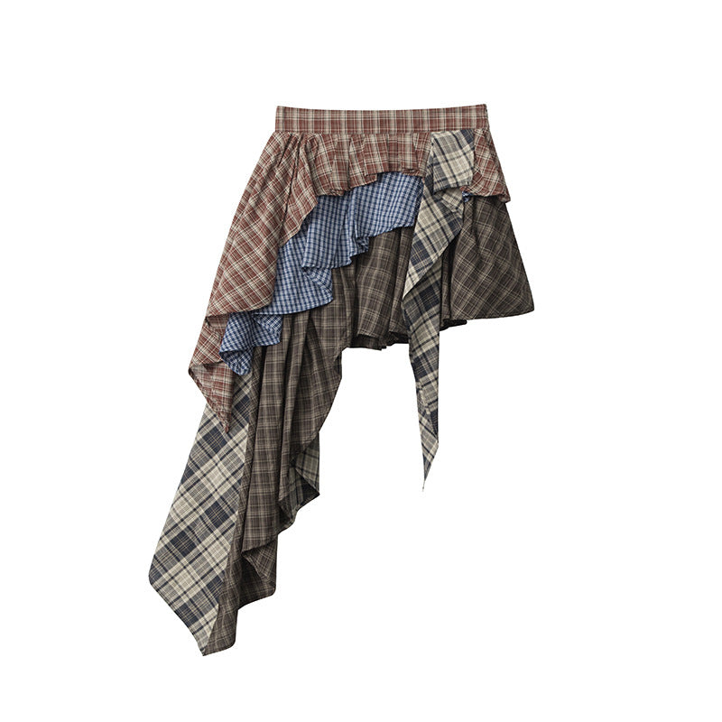 Nariele Irregular High Waist Plaid Splicing Short Skirt