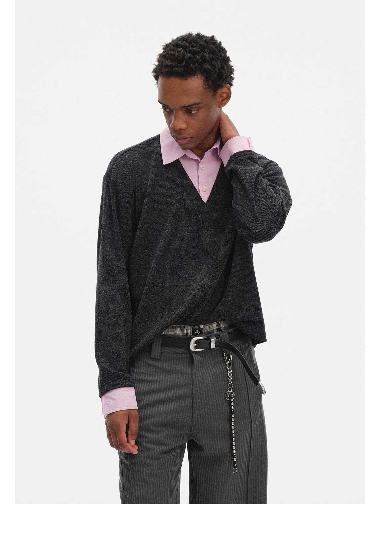 DIMC Fake Two-piece Color Matching Polo Collar Knitted Long Sleeve