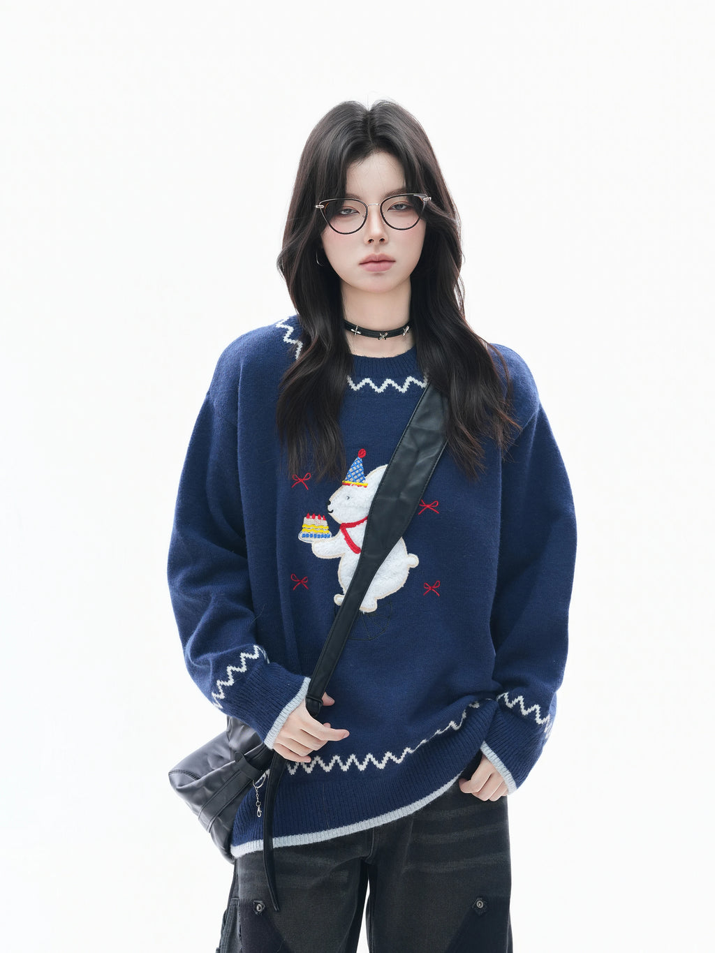 Zuocisankon Vintage Slack Embroidered Plush Rabbit Knitted Sweater