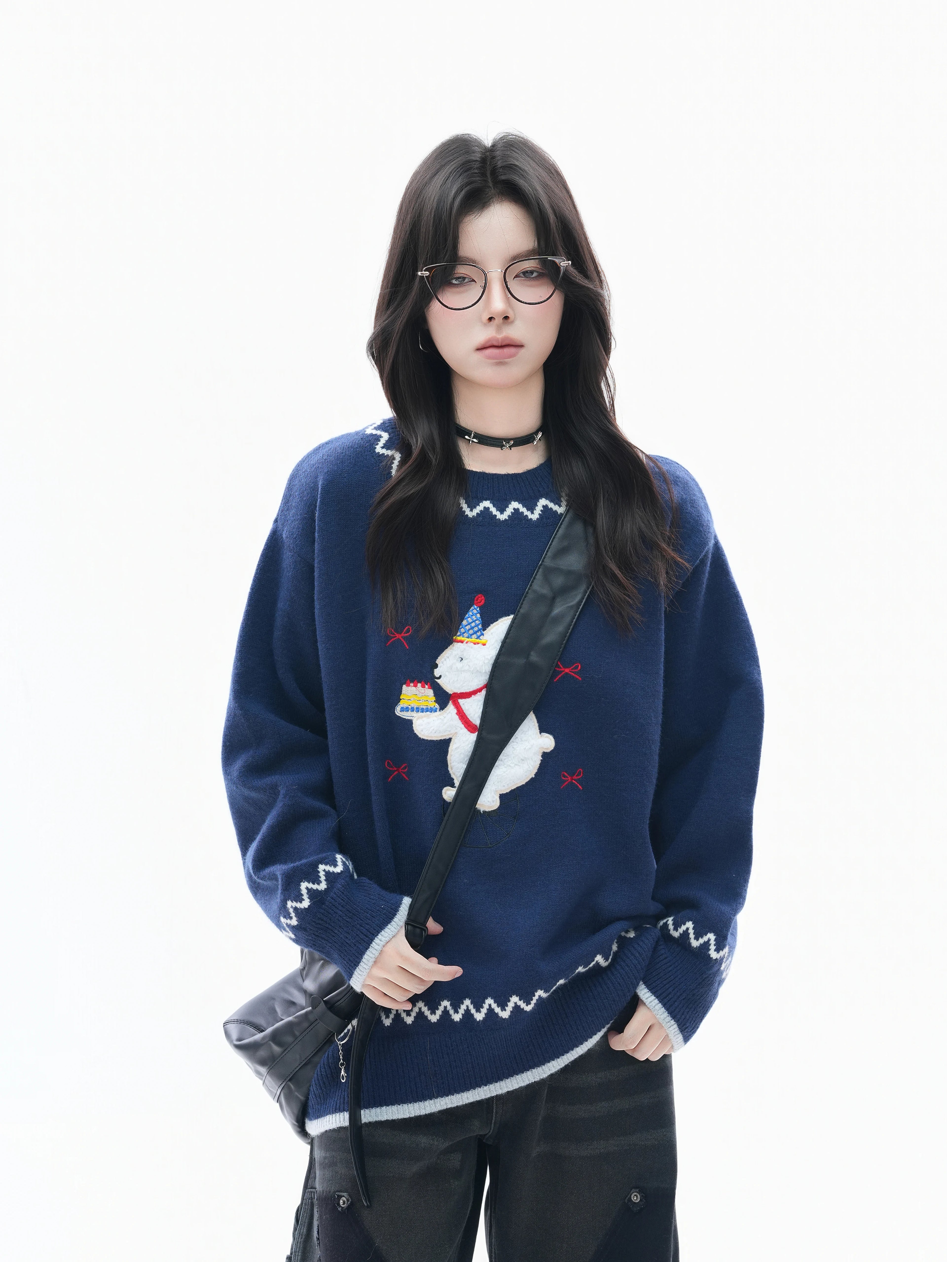 Zuocisankon Vintage Slack Embroidered Plush Rabbit Knitted Sweater