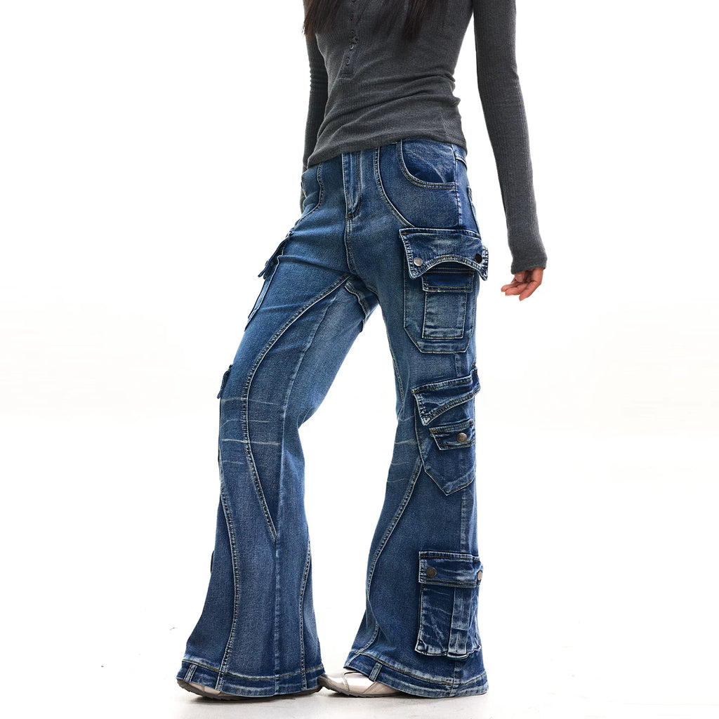 JHYWZD X BLACKLIST Retro Splicing Multi-pocket Micro-elastic Denim Flared Pants
