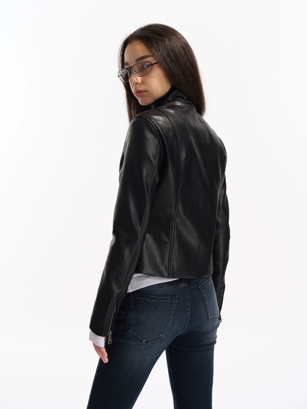 Two Little Guys Stand-up Collar Waist Leather Jacket