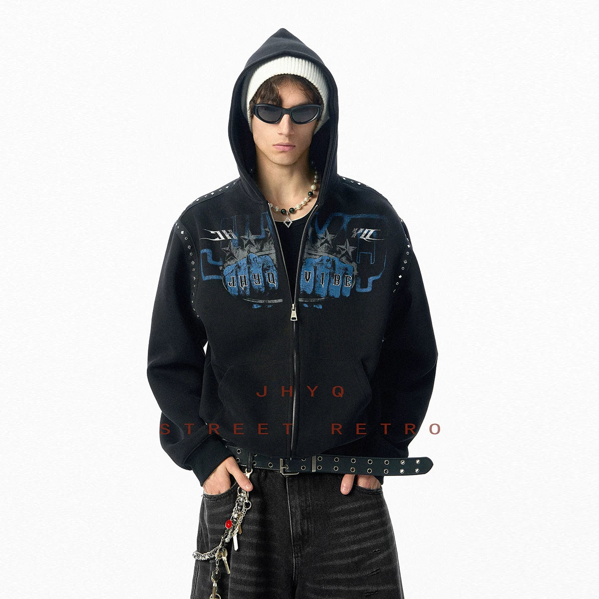 JHYQ Men's Fist Print Hooded Zipper Cardigan Sweater