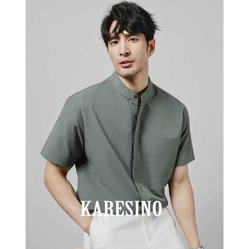 KARESINO Stand-up Collar Casual No-iron Striped Short-sleeved Shirt