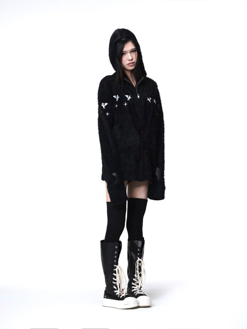 DETW Shoulder-down Zip Mohair Hooded Embroidered Jacket