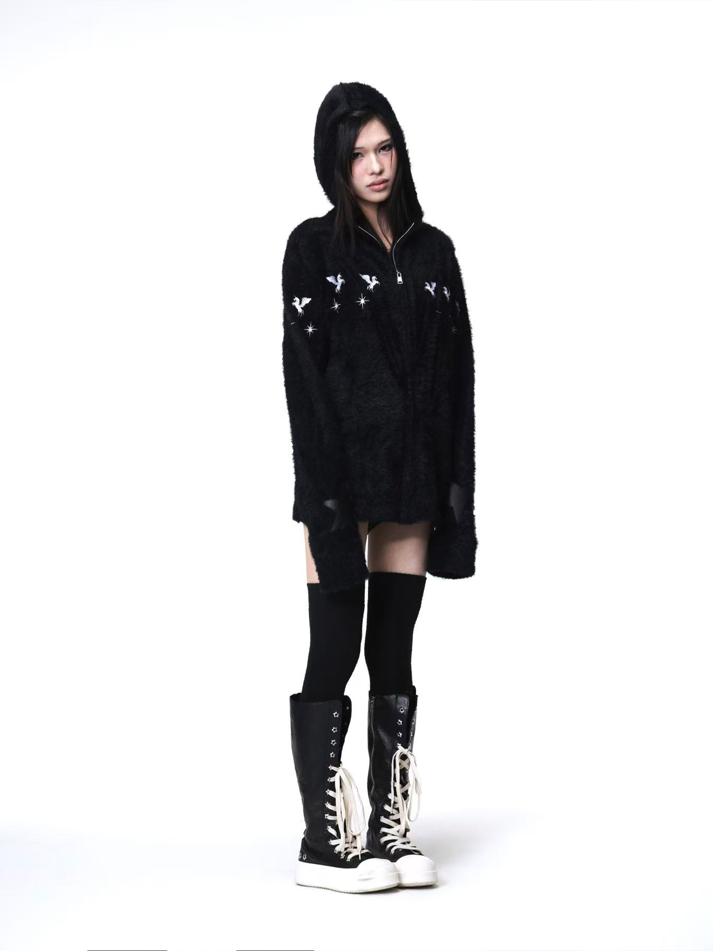 DETW Shoulder-down Zip Mohair Hooded Embroidered Jacket