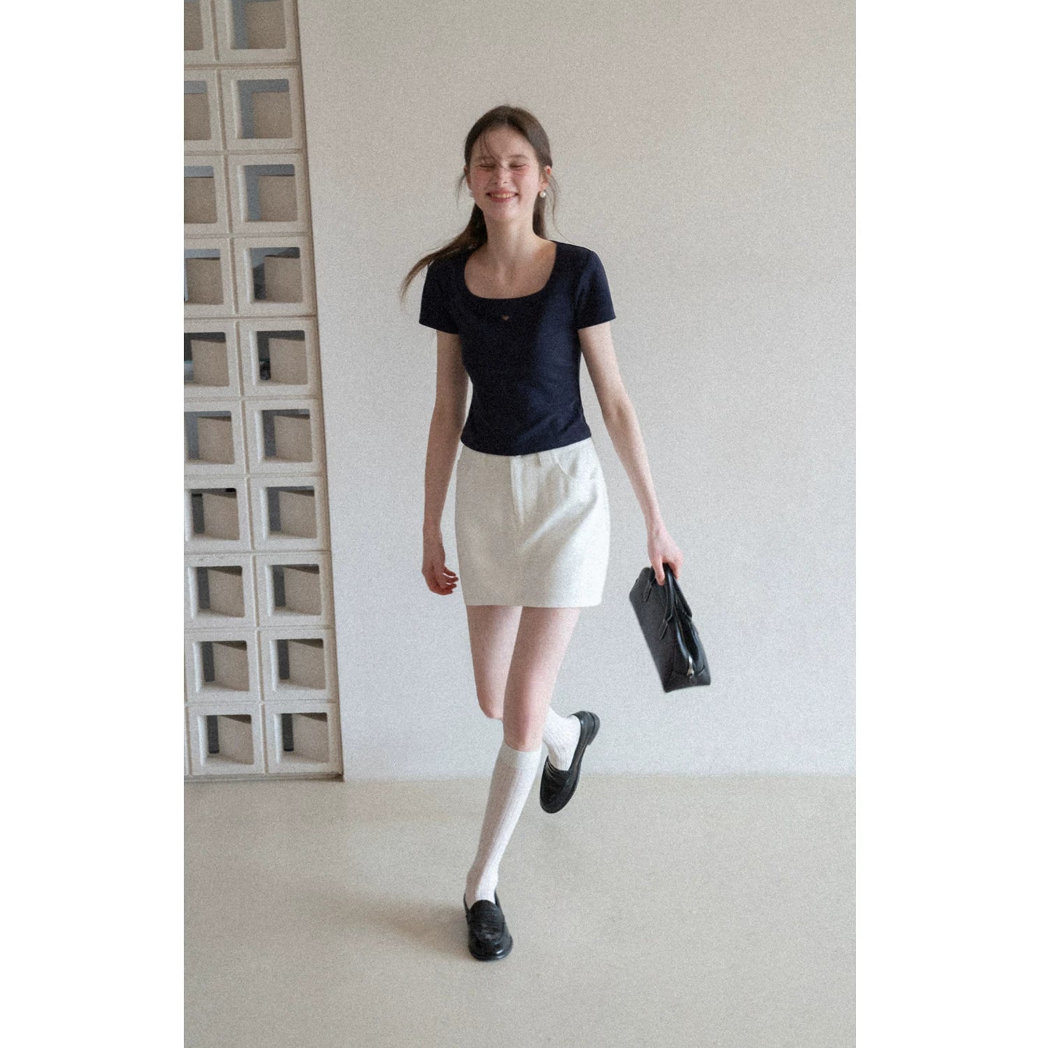 EGGKA Hollow Love Square Collar Straight Shoulder Tee