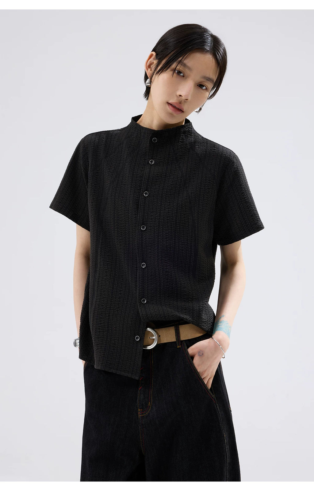 Sameuoo Small Stand-collar Striped Short-sleeve Shirt