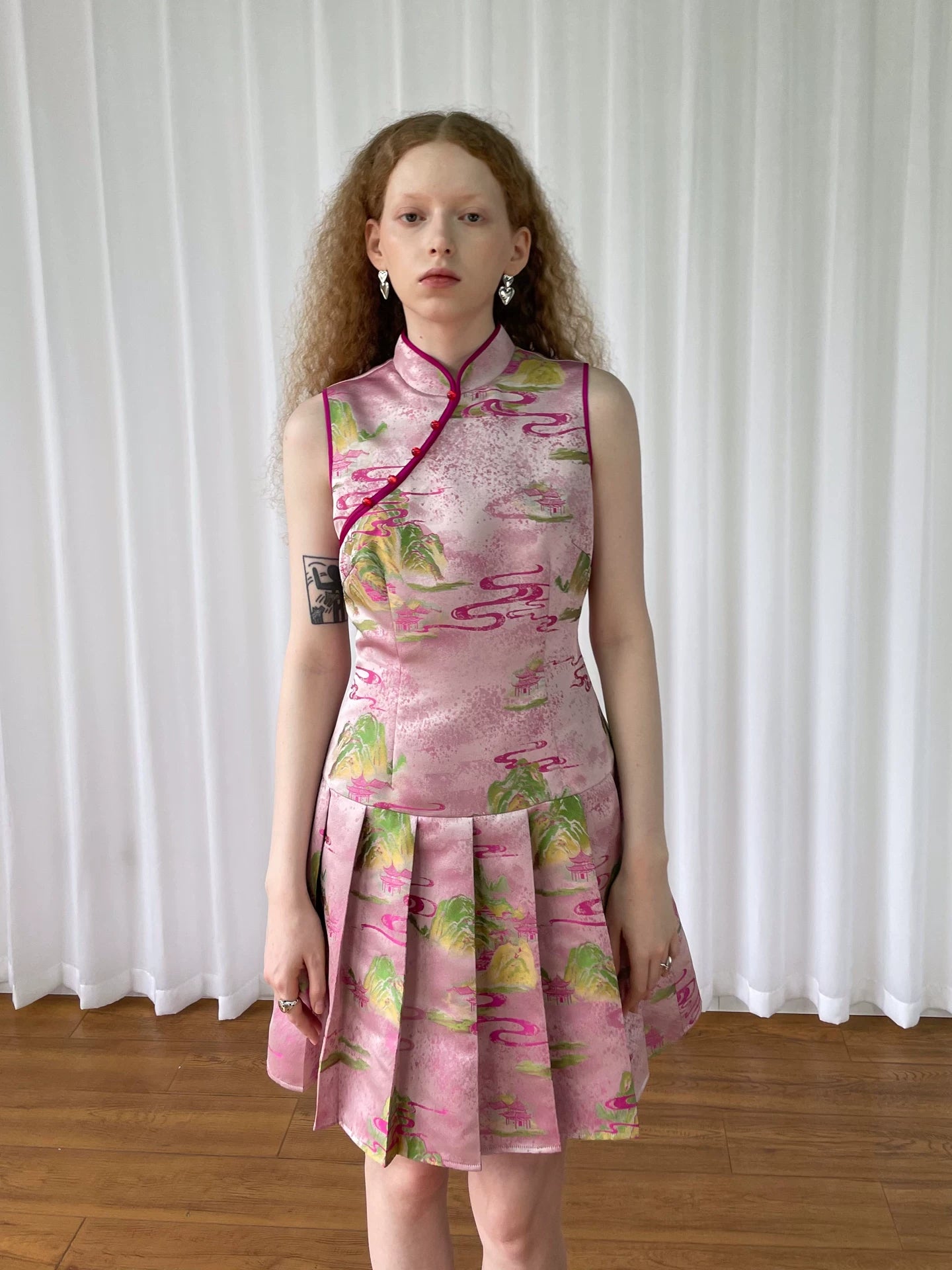 Loosesmell Pleated Thin Jacquard Sleeveless Cheongsam Skirt