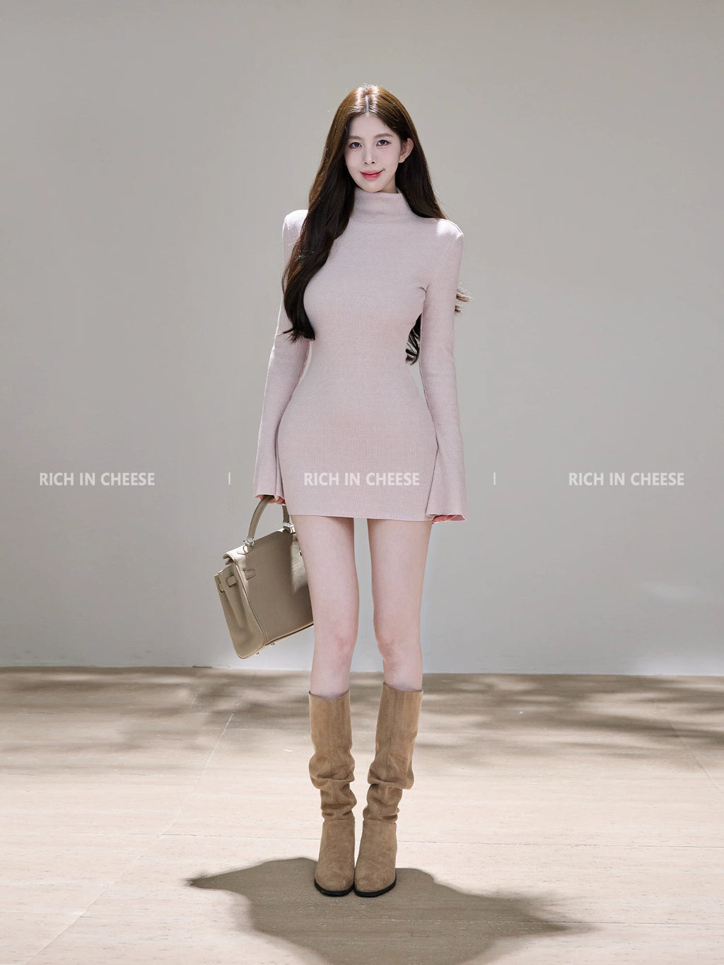 RICH IN CHEESE Waist Slim Knitted Long-sleeved Dress