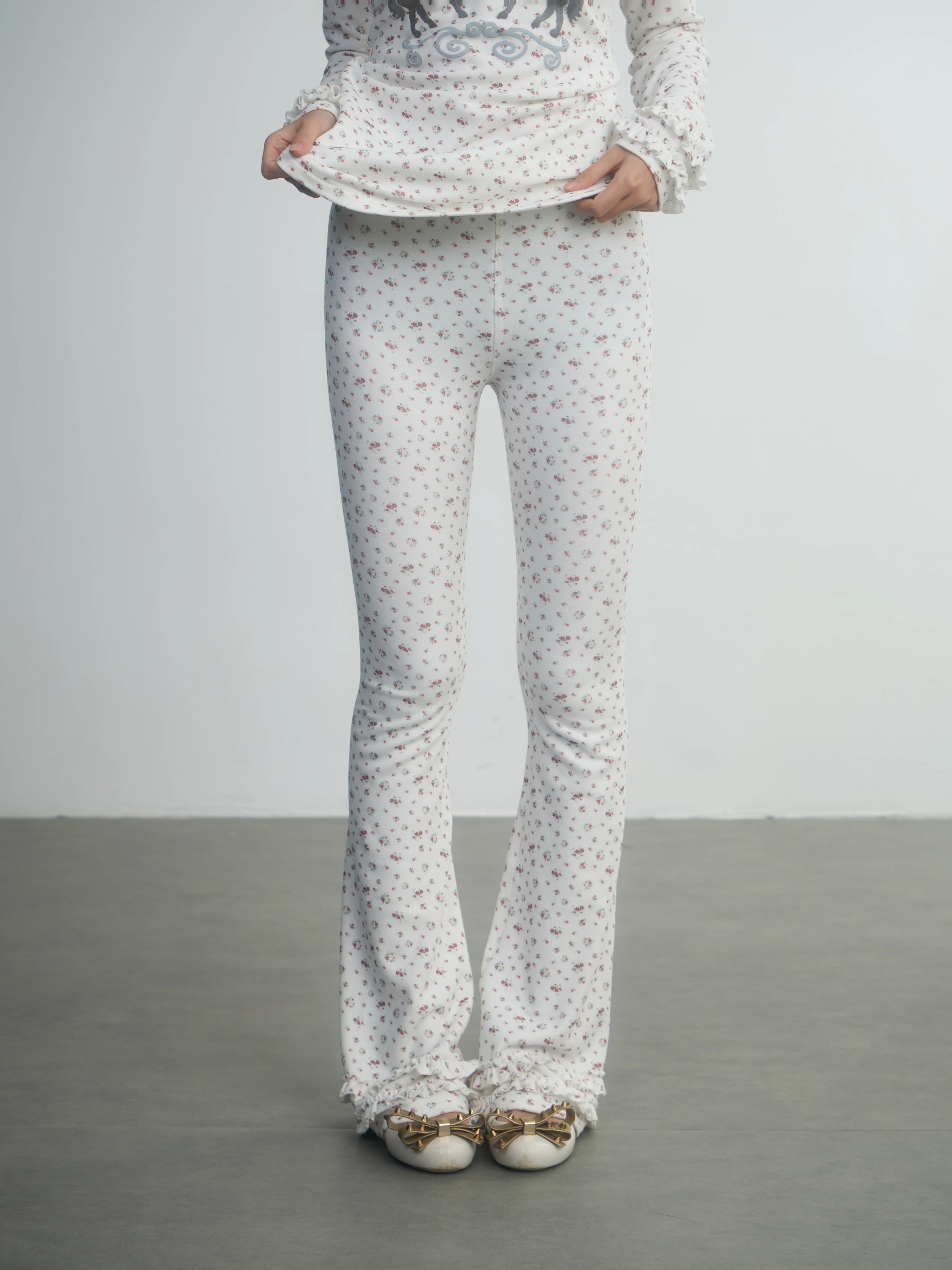 In Two Twos German Velvet Micro-flared Leggings Floral Trousers