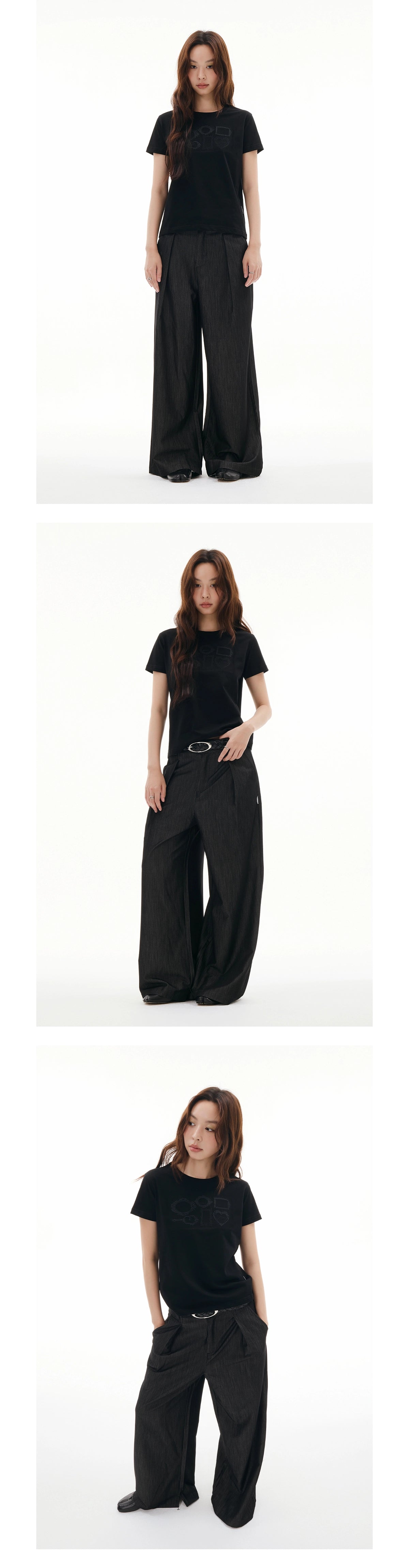 FUNKYFUN Picture Frame Same Color Three-dimensional Embroidery Loose Front Shoulder Tee