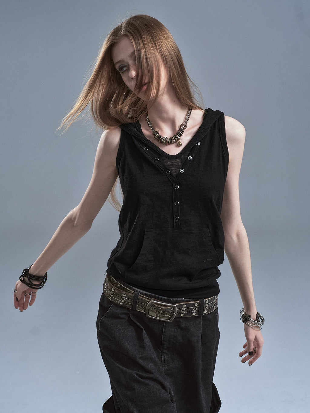 WearAndtear Fake Two-piece Hooded Spliced Sleeveless Vest