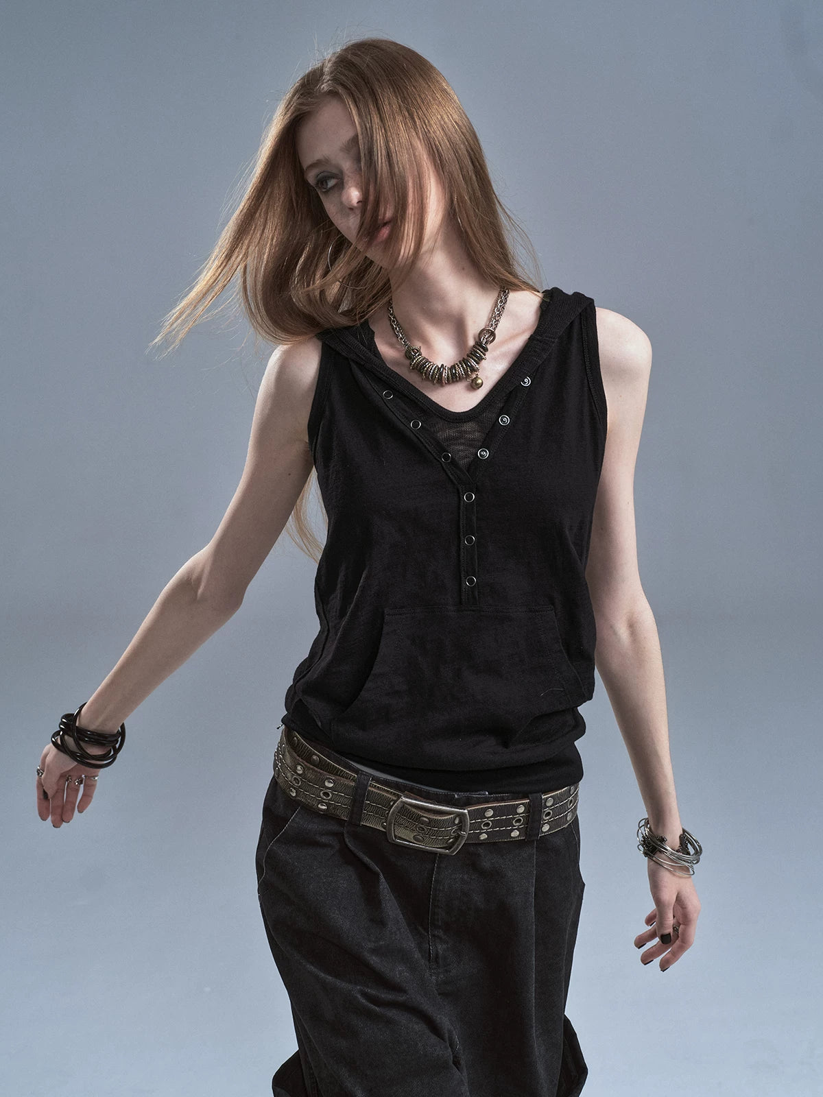 WearAndtear Fake Two-piece Hooded Spliced Sleeveless Vest