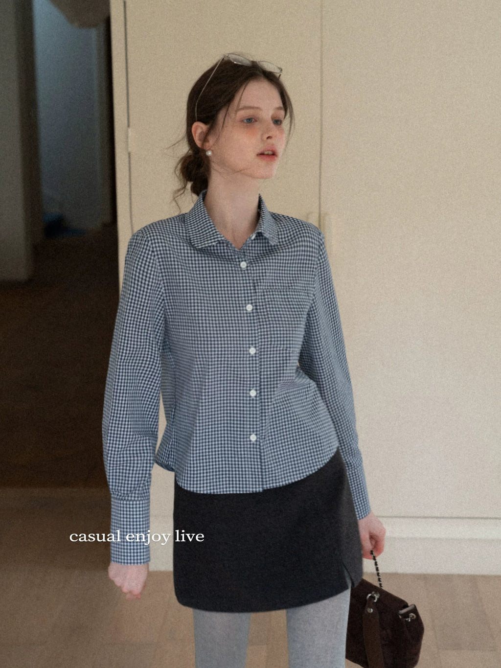 EGGKA Lapel Retro Plaid Pocket Long-sleeved Shirt