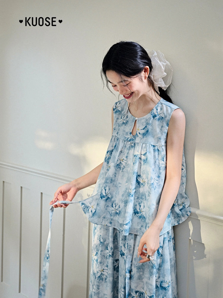Kuose Floral Sleeveless Vest Top Skirt Two-piece Set