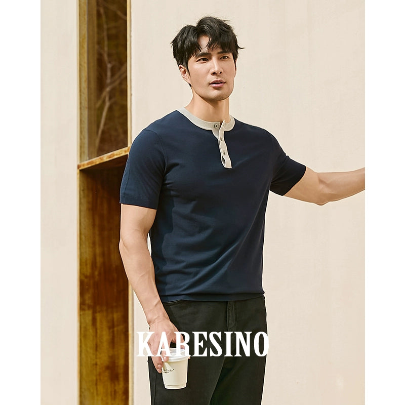 KARESINO Contrasting Color Splicing Cold Silk Cool Knitted Polo Shirt