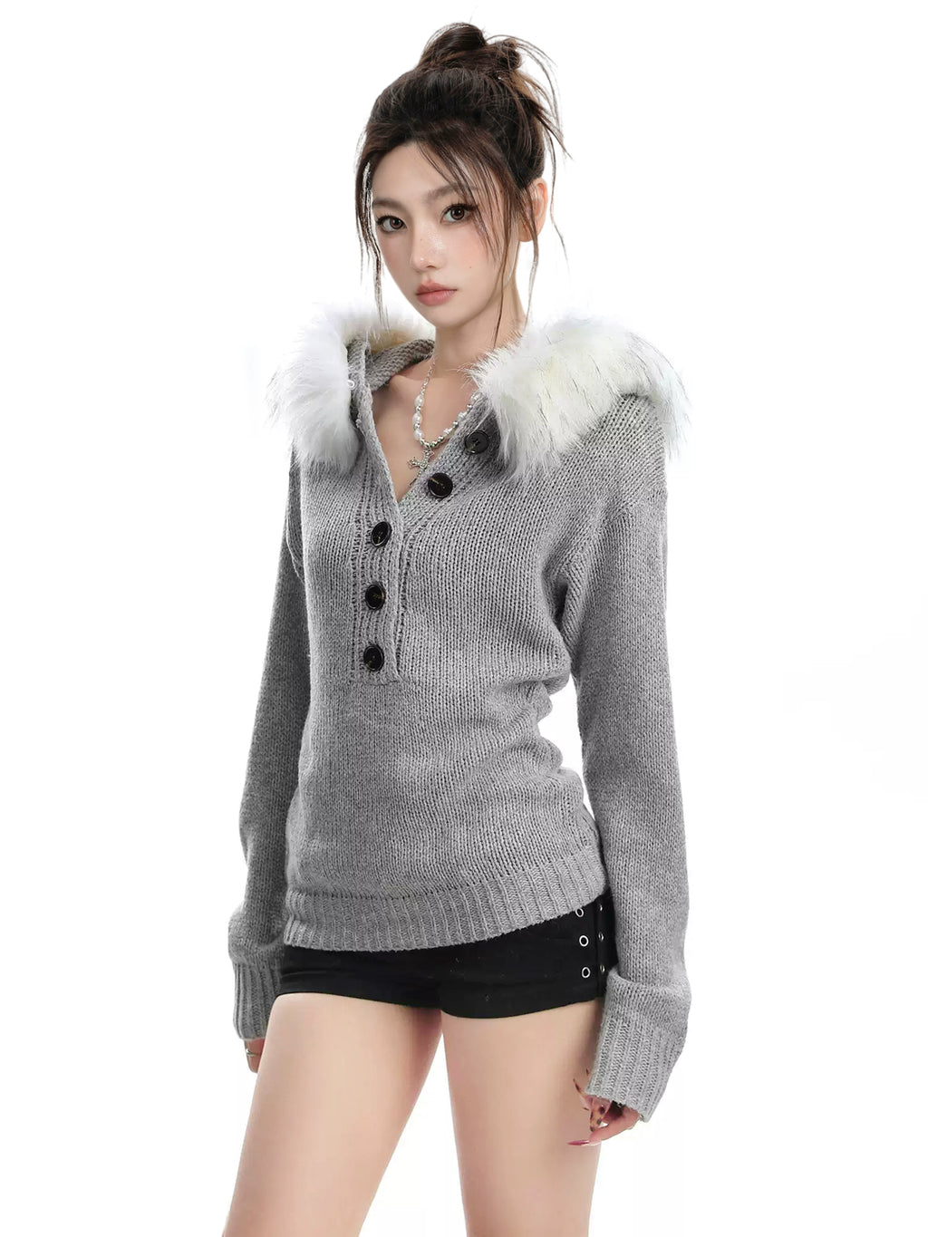 KDASE Slim-fit Waist Hooded Removable Fur-neck Knitted Top