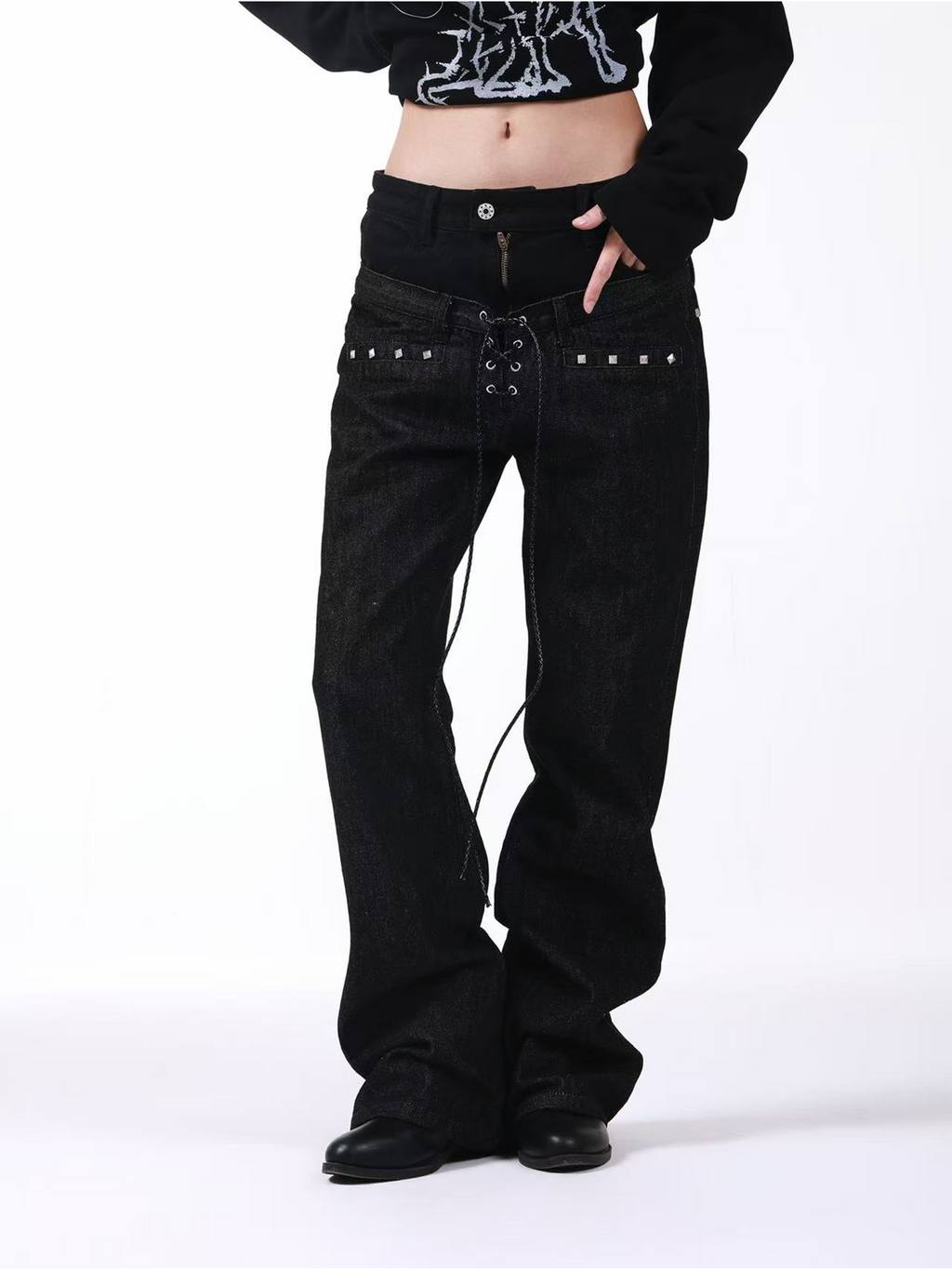 DETW Stacked Double Waist Strap Drawstring Jeans
