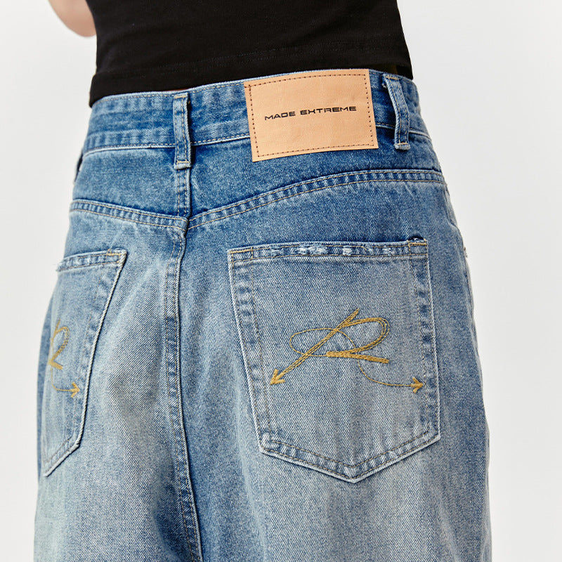 MADEEXTREME washed blue cat whisker embroidered flower Jeans