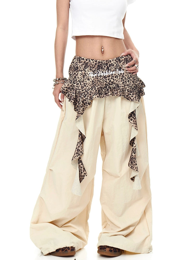 BLACKLISTS Leopard Print Splicing Pleats Stacked Fake Two-piece Pants