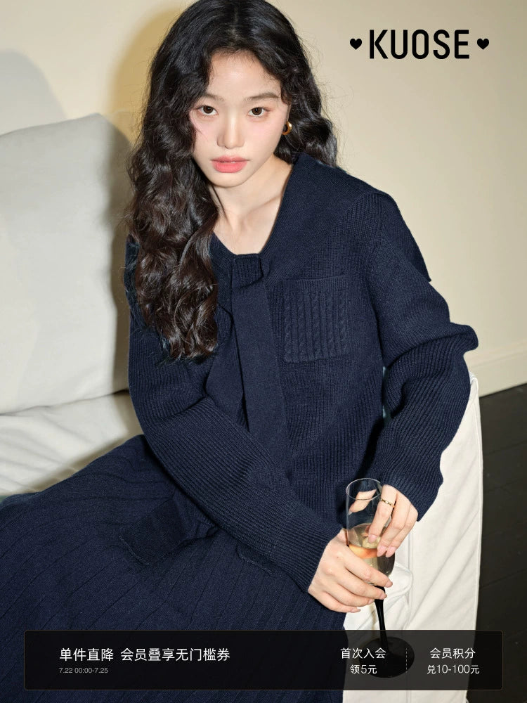 Kuose Navy Collar Top Sweater Knitted Two-piece Set